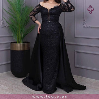 فستان نسائي سواريه أسود أنيق طويل بأكمام دانتيل قماش مميز وراقي لمعة خفيفة - متجر لقطة