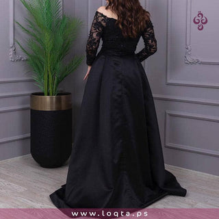 فستان نسائي سواريه أسود أنيق طويل بأكمام دانتيل قماش مميز وراقي لمعة خفيفة - متجر لقطة